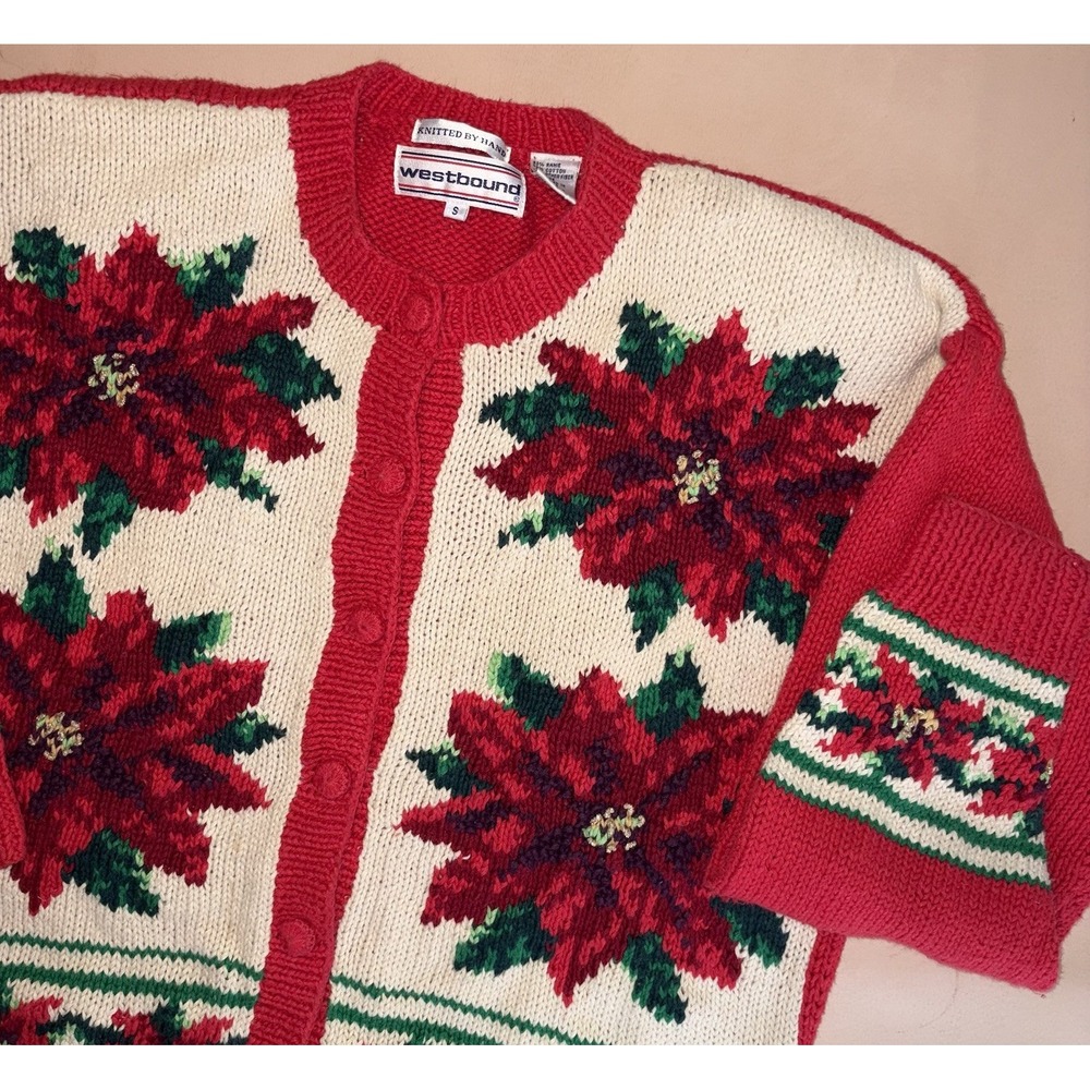 VTG Westbound Christmas Holiday Knit By Hand  Sweater Cardigan Small Poinsettia